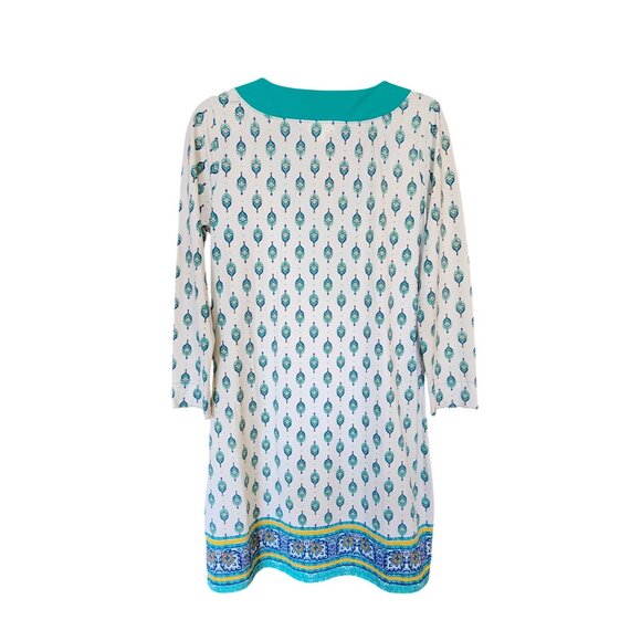Cabana Life Womens Tunic Dress M White & Turquoise Print 3/4 Sleeve Boho Style U - Picture 2 of 3